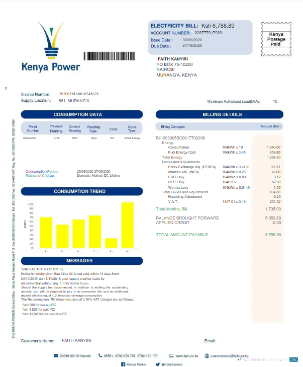 download download KENYA KENYA POWER utility bill Word and PDF template PDF template PDF template